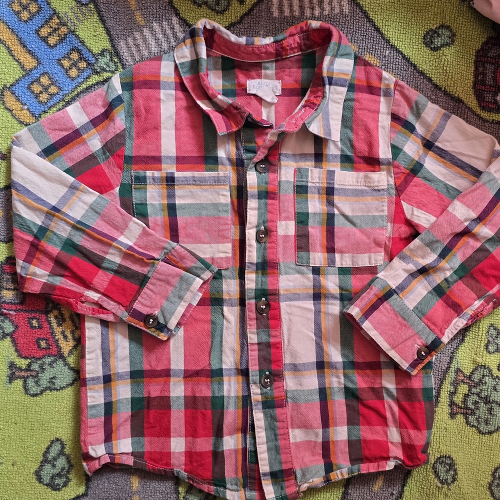 Blue ROOSTER Kids Plaid Button Down Shirt - Red, Green, and White